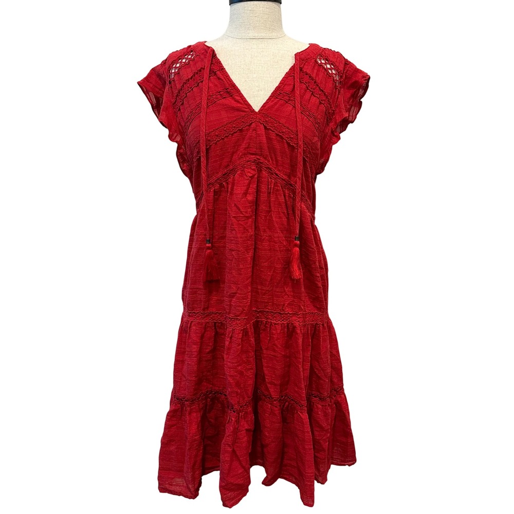 Knox Rose Womens Red Cotton Tiered Boho Midi Dress XL Crochet Lace Tassel V-Neck